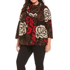 Ali Miles Red Black Brown Floral Drape Sqeater Textured Fabric Ornate Buttons PS